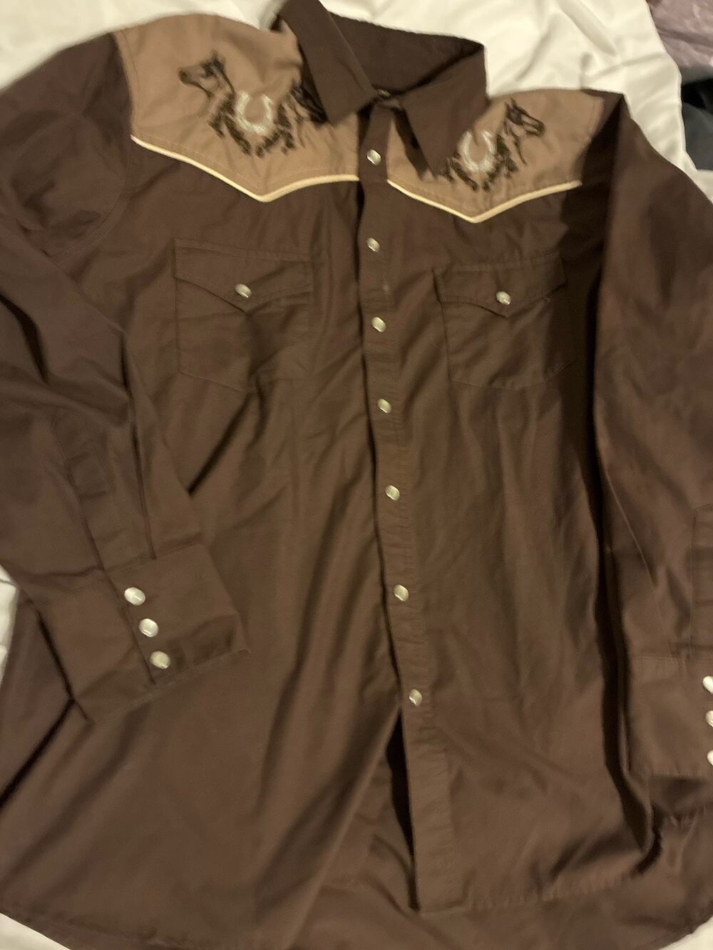 High Noon Western Shirt Brown And Tan Embroidered Pearl Snap Cowboy Rodeo Xl